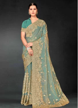 Organza Trendy Saree in Sea Green with Embroidered Work for Women