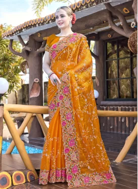 Organza Trendy Saree with Embroidered Work in Orange for Festival