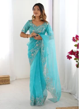 Organza Trendy Saree with Embroidered Work in Turquoise