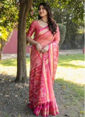 Organza Woven Work Rose Pink and Salmon Designer Contemporary Style Saree