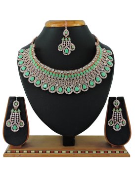 Outstanding Alloy Gold Rodium Polish Mint Green and White Stone Work Necklace Set