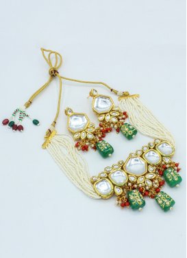 Outstanding Beads Work Cream and Green Necklace Set