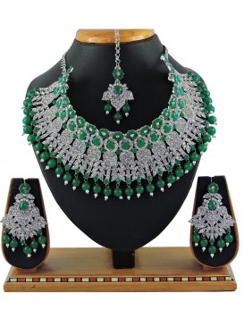 Outstanding Beads Work Silver Rodium Polish Necklace Set For Bridal