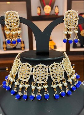 Outstanding Blue and Off White Moti Work Necklace Set For Ceremonial