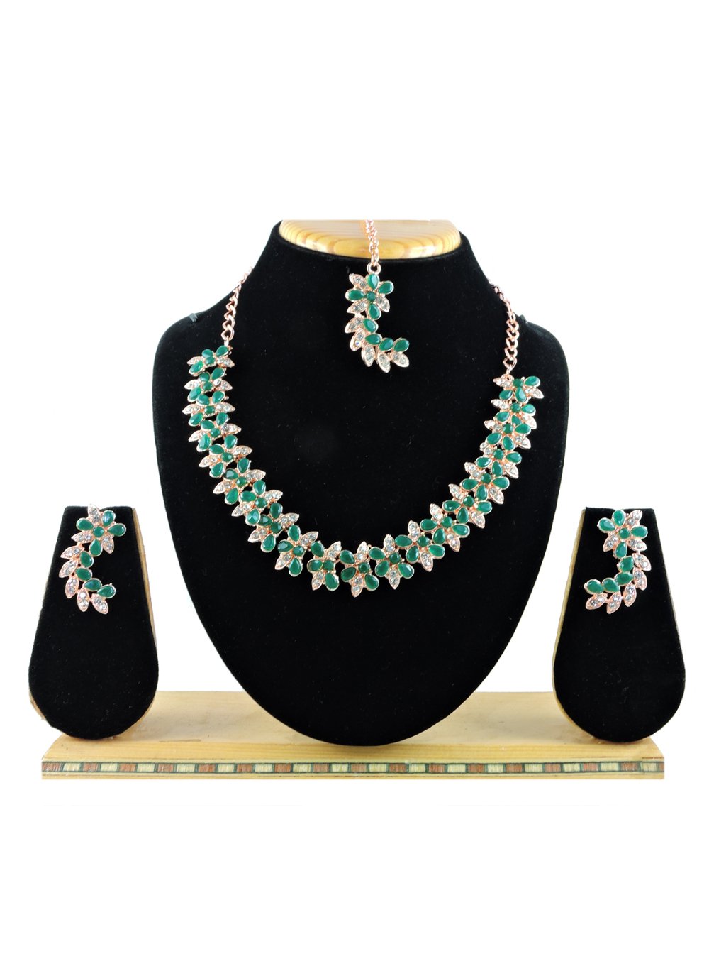 Outstanding Gold Rodium Polish Green and White Necklace Set For Party