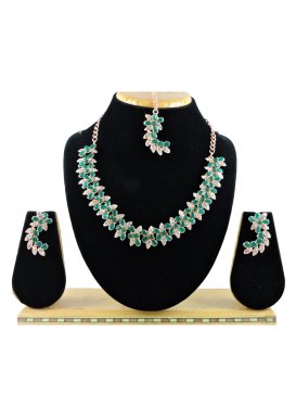 Outstanding Gold Rodium Polish Green and White Necklace Set For Party