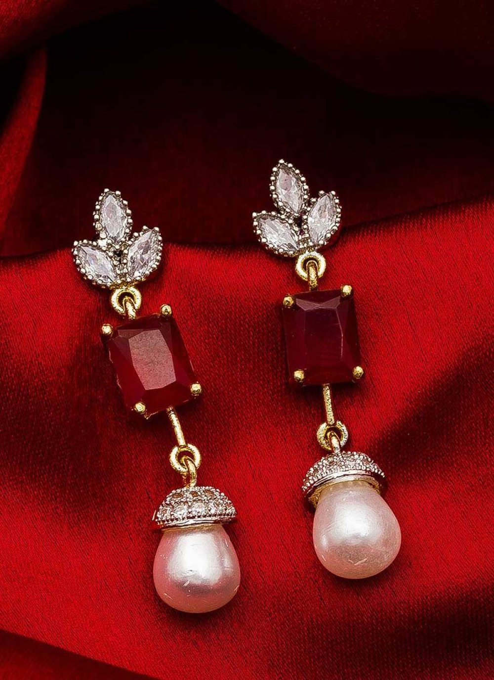 Outstanding Maroon and White Alloy Gold Rodium Polish Earrings For Festival