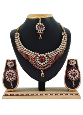 Outstanding Maroon and White Alloy Gold Rodium Polish Necklace Set For Bridal