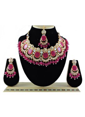 Outstanding Silver Rodium Polish Beads Work Alloy Fuchsia and White Necklace Set For Festival