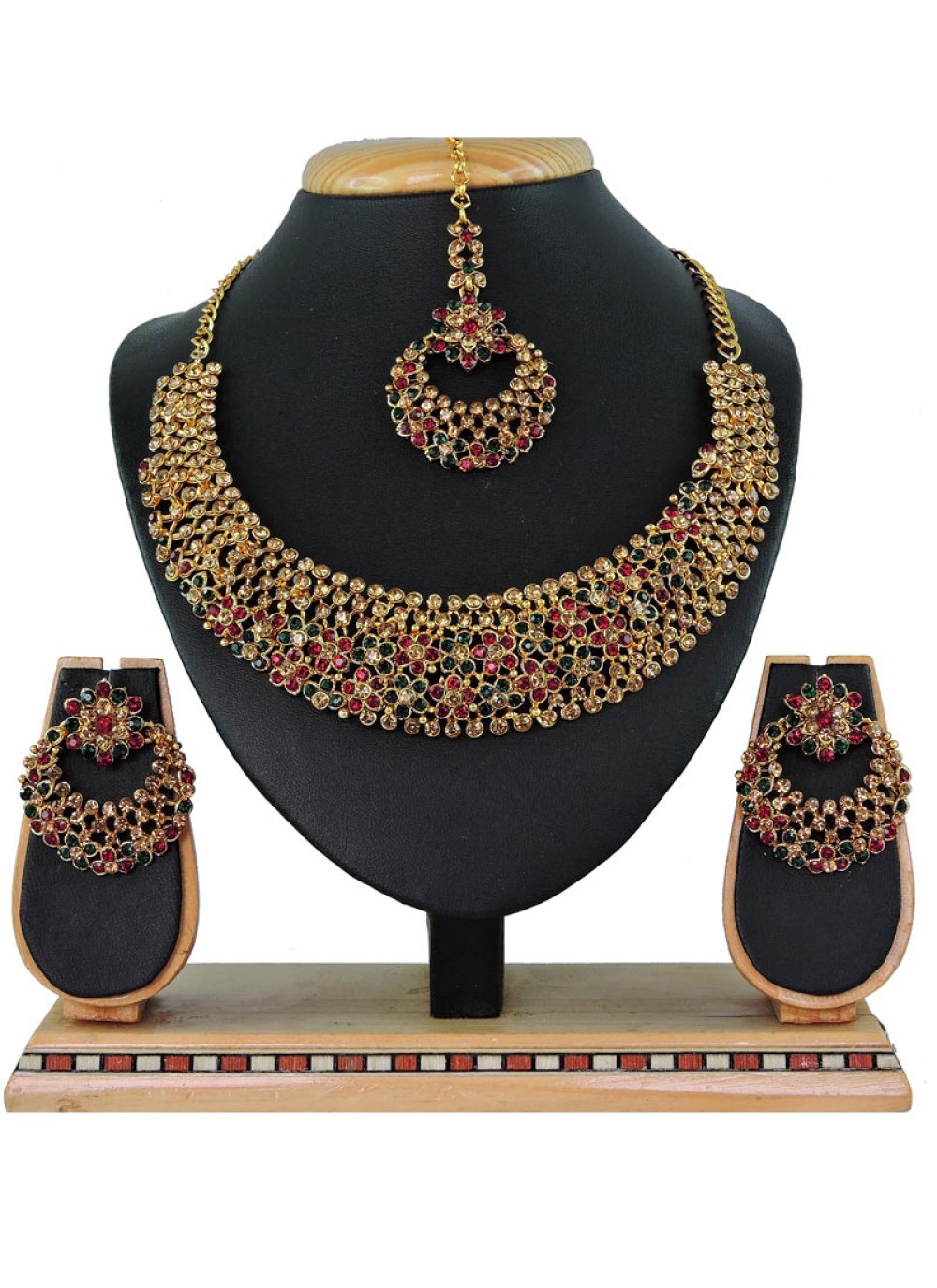 Outstanding Stone Work Gold and Green Gold Rodium Polish Necklace Set