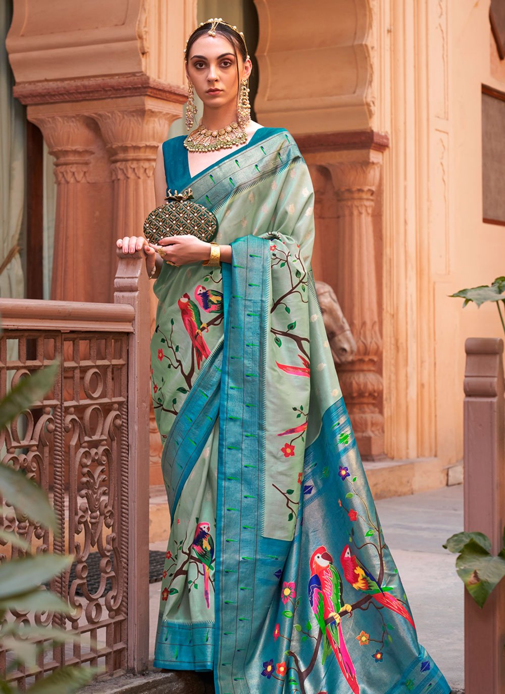 Paithani Silk Aqua Blue and Teal Designer Traditional Saree