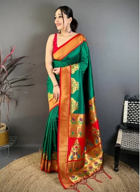 Paithani Silk Classic Saree in Green and Red with Woven Work for Festival