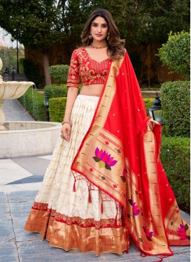 Paithani Silk Designer Lehenga Choli with Embroidered Work for Women in Off White and Red
