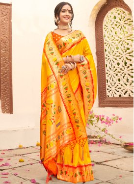 Paithani Silk Mustard and Orange Designer Contemporary Style Saree