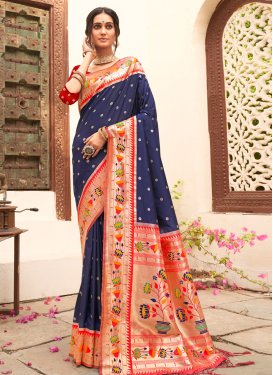 Paithani Silk Navy Blue and Red Trendy Classic Saree