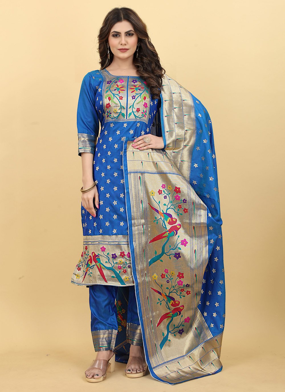 Red Banarasi Silk Paithani Salwar SuitDefault Title | Silk bottoms, Salwar  suits, Top fabric