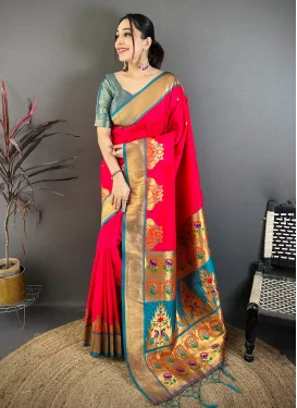 Paithani Silk Traditional Saree in Light Blue and Rose Pink with Woven Work for Festival
