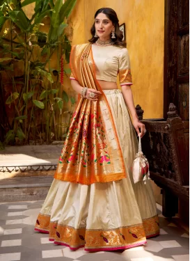 Paithani Silk Trendy Lehenga Choli with Cutdana Work in Beige