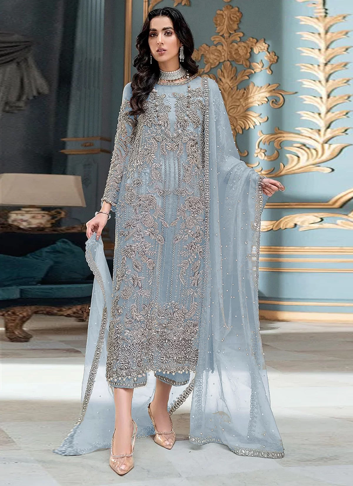 Pakistani salwar kameez organza net embroidered Suite Ready to Wear Dress. deals