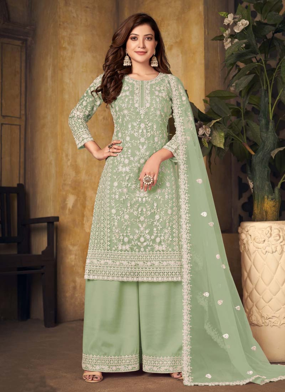 Palazzo Designer Salwar Kameez Mint Green Fashionwebz