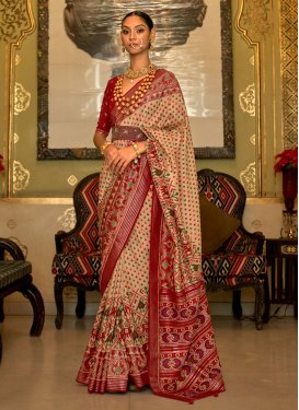 Patola Silk Beige and Red Print Work Traditional Designer Saree