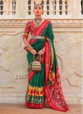 Patola Silk Green and Red Mirror Work Traditional Designer Saree