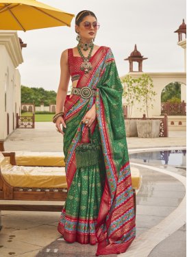 Patola Silk Green and Red Print Work Trendy Classic Saree