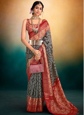 Patola Silk Grey and Red Designer Contemporary Saree For Ceremonial