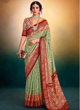 Patola Silk Mint Green and Red Print Work Contemporary Style Saree
