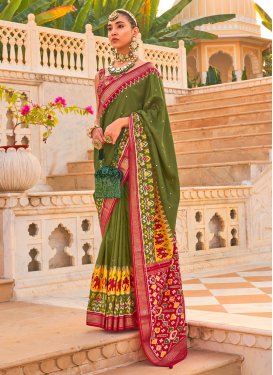 Patola Silk Mirror Work Olive and Red Designer Contemporary Style Saree