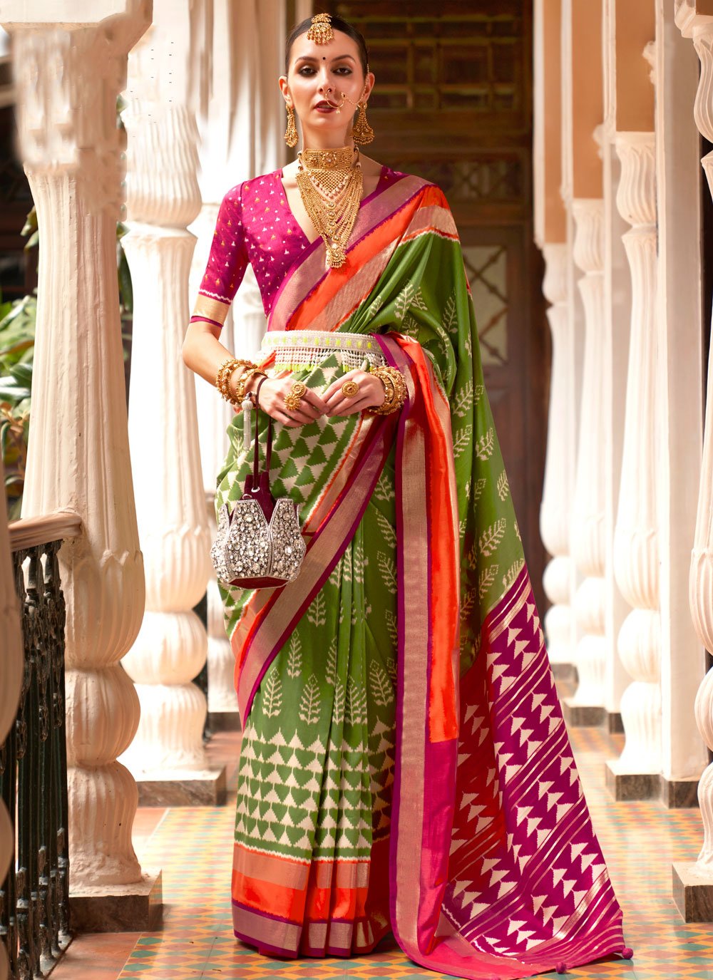 Patola Silk Olive and Rose Pink Designer Contemporary Saree For Festival