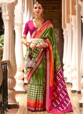 Patola Silk Olive and Rose Pink Designer Contemporary Saree For Festival