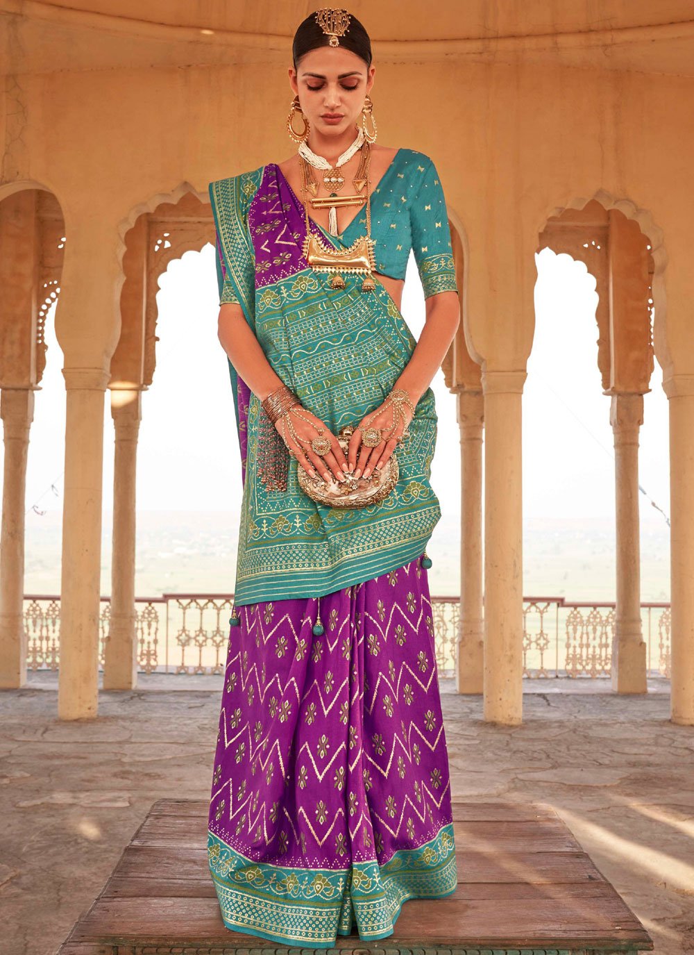 Patola Silk Purple and Teal Designer Traditional Saree For Ceremonial