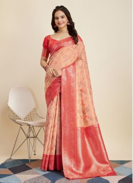 Peach and Red Contemporary Style Saree