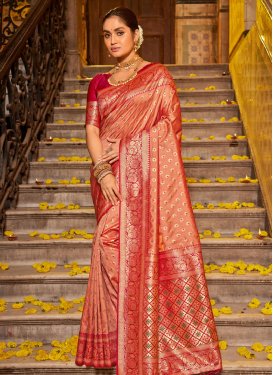 Peach and Red Woven Work Designer Contemporary Style Saree