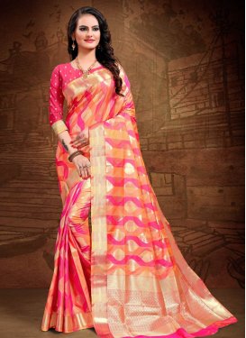 Peach and Rose Pink Jacquard Silk Traditional Designer Saree