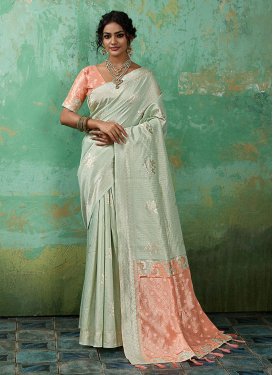 Peach and Turquoise Cotton Silk Traditional Saree with Woven Work for Festival