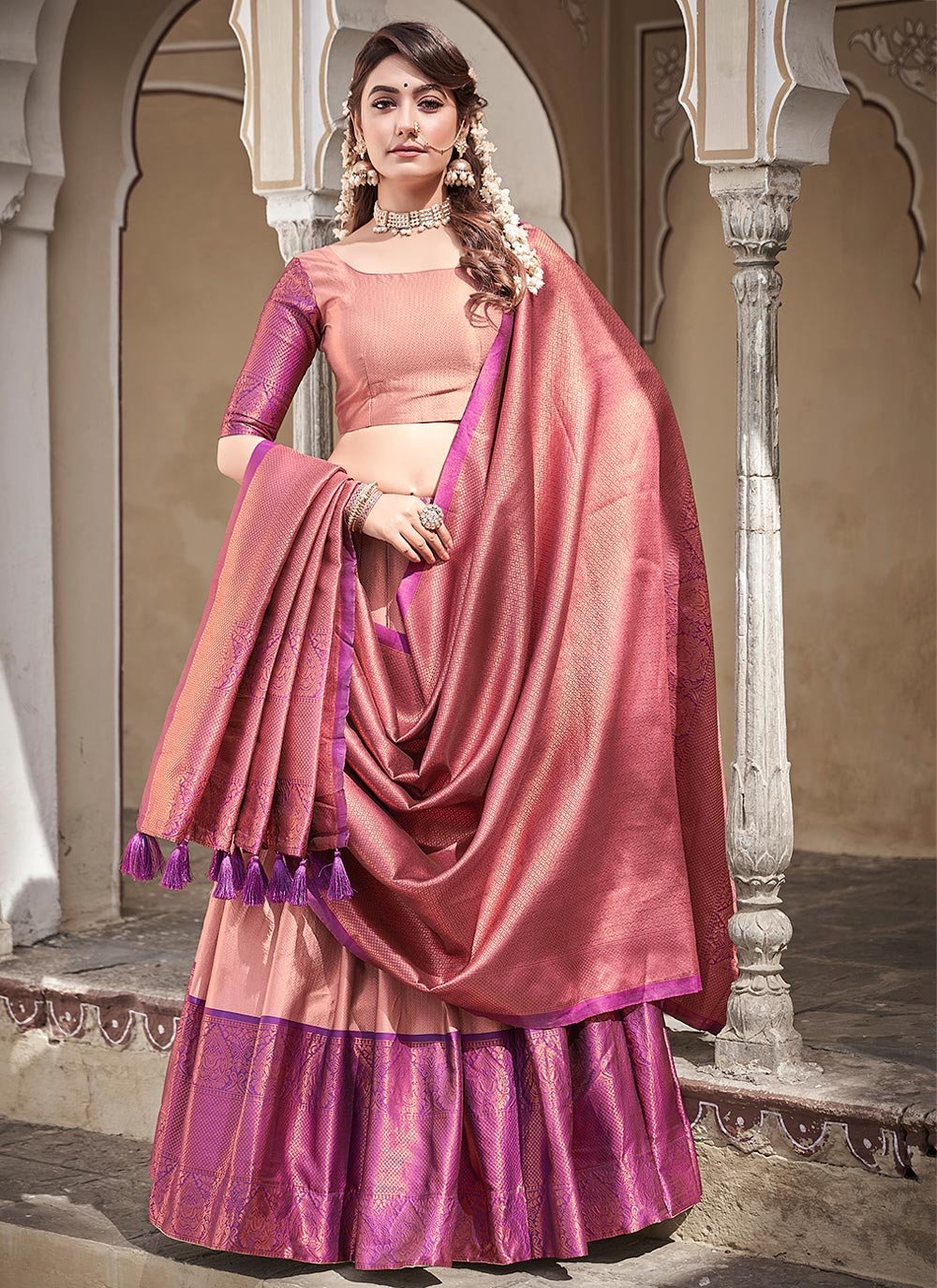 Buy Peach and Purple Silk Designer A Line Lehenga Choli Online