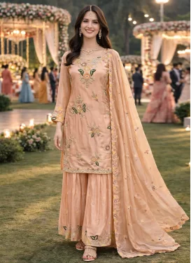 Peach Crepe Silk Embroidered Work Sharara Suit for Women