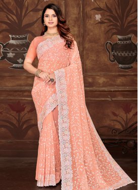 Peach Georgette Embroidered Work Classic Saree for Women
