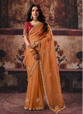 Peach Organza Traditional Saree with Beads Work for Festival