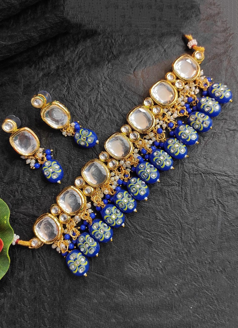 Perfect Alloy Beads Work Blue and Off White Necklace Set