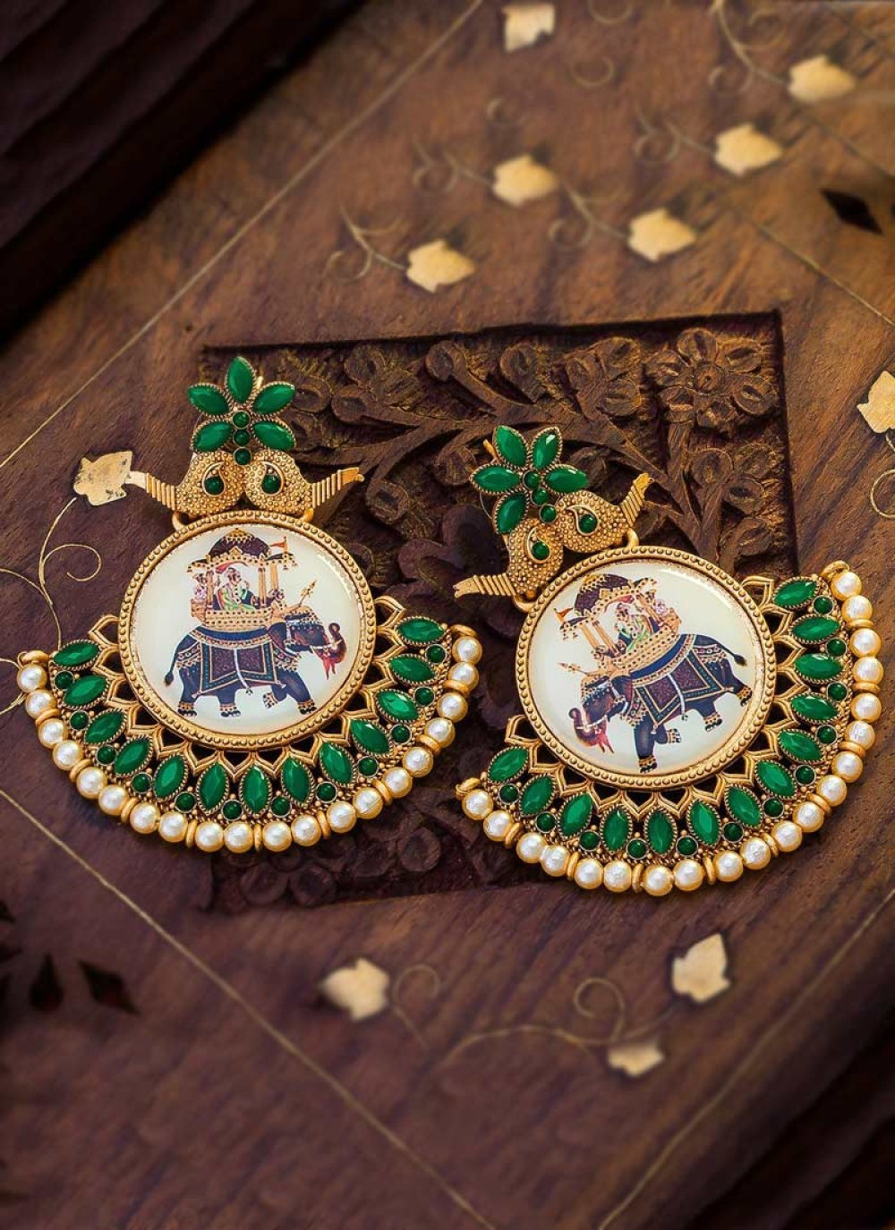 Perfect Alloy Beads Work Cream and Green Earrings