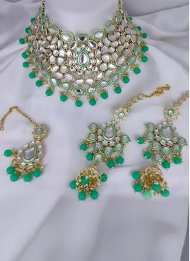 Perfect Alloy Beads Work Sea Green and White Necklace Set