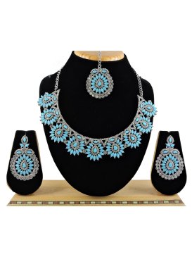 Perfect Alloy Silver Rodium Polish Stone Work Light Blue and Silver Color Necklace Set