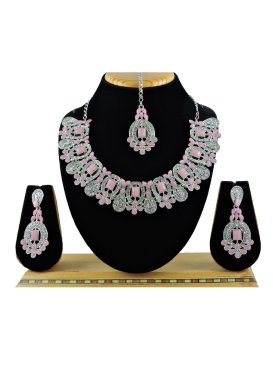 Perfect Alloy Silver Rodium Polish Stone Work Pink and White Necklace Set