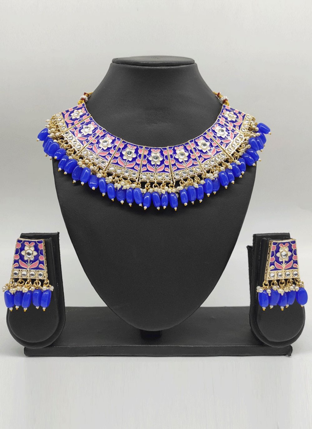 Perfect Beads Work Blue and White Gold Rodium Polish Necklace Set