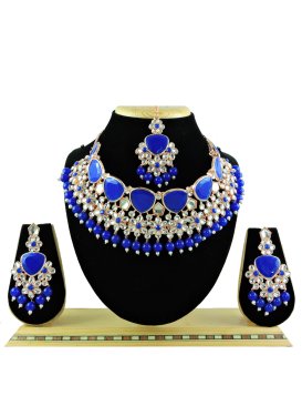 Perfect Beads Work Blue and White Gold Rodium Polish Necklace Set