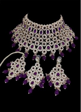 Perfect Beads Work Purple and White Gold Rodium Polish Necklace Set