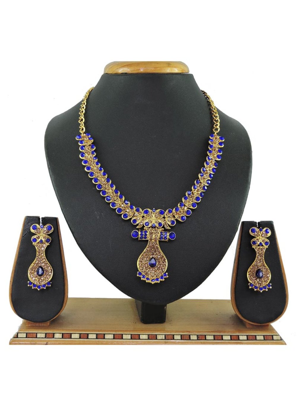 Perfect Gold Rodium Polish Beads Work Alloy Blue and Gold Necklace Set For Ceremonial